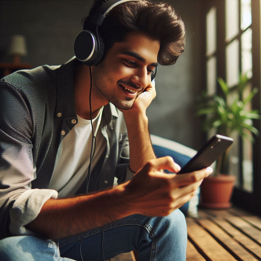  imagem de um homem sorrindo vendo um video em inglês no celular